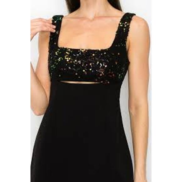 INA Yoke Embroidery Sequined Square Neck Party Mini Dress Black IDL9289 Small S - Picture 3 of 7